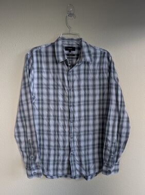 Vince Size Medium Classic Fit Grey, Light Blue & Green Plaid Button-Down Shirt